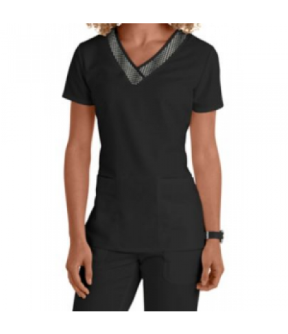 Greys Anatomy 3 pocket v-neck with printed grid trim scrub top - Black/Grid/Black - XS