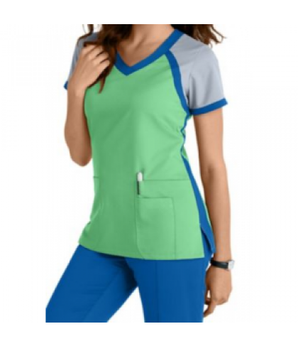 Greys Anatomy 3 pocket color block v-neck scrub top - Honey Dew/Royal/Moonstruck - XL