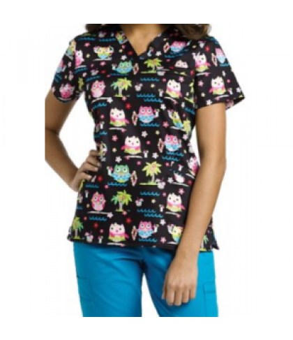 White Cross Aloha Owls v-neck print scrub top - Aloha Owls - XL