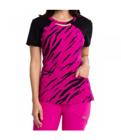 Careisma by Sofia Vergara Stay A Wild Hot Magenta keyhole  print scrub top - Stay A Wild Hot Magenta - L