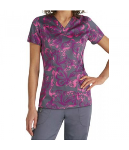 Beyond Scrubs Butterfly Purple v-neck print scrub top - Butterfly Purple - M