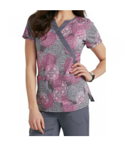 Beyond Scrubs Medallions mock wrap print scrub top - Medallions Crocus - XS