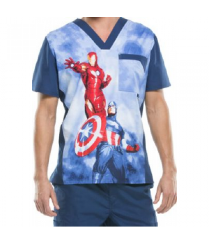 Cherokee Tooniforms Heroes mens print scrub top - Heroes - M