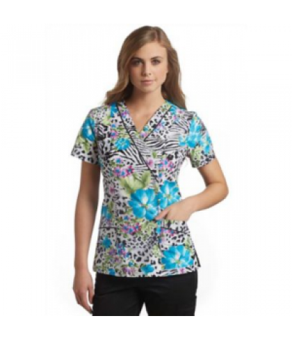 White Cross Turquoise Wild Bloom crossover print scrub top - Turquoise Wild Bloom - 3X