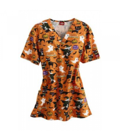 Dickies EDS A Purrfect Halloween v-neck scrub print top - A Purr-fect Halloween - M